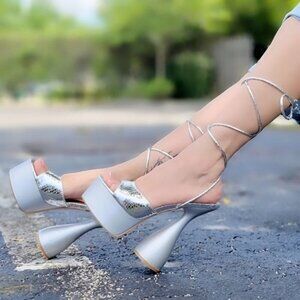 Women Ankle Strap High Chunky Heel Platform Sandals Silver Color
